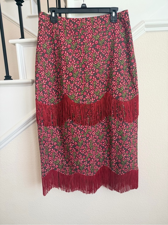Eddy Dresses & Skirts - Fringed Floral Midi Skirt in Red and Green